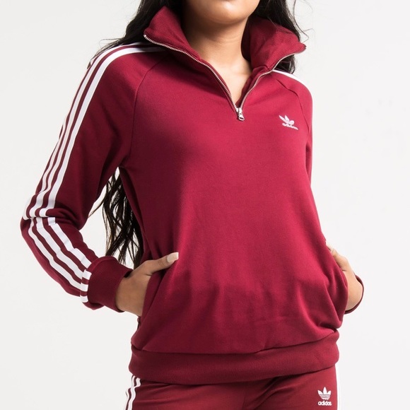 Adidas 3 Stripe Burgundy Quarter-zip Sweatshirt - Picture 3 of 4